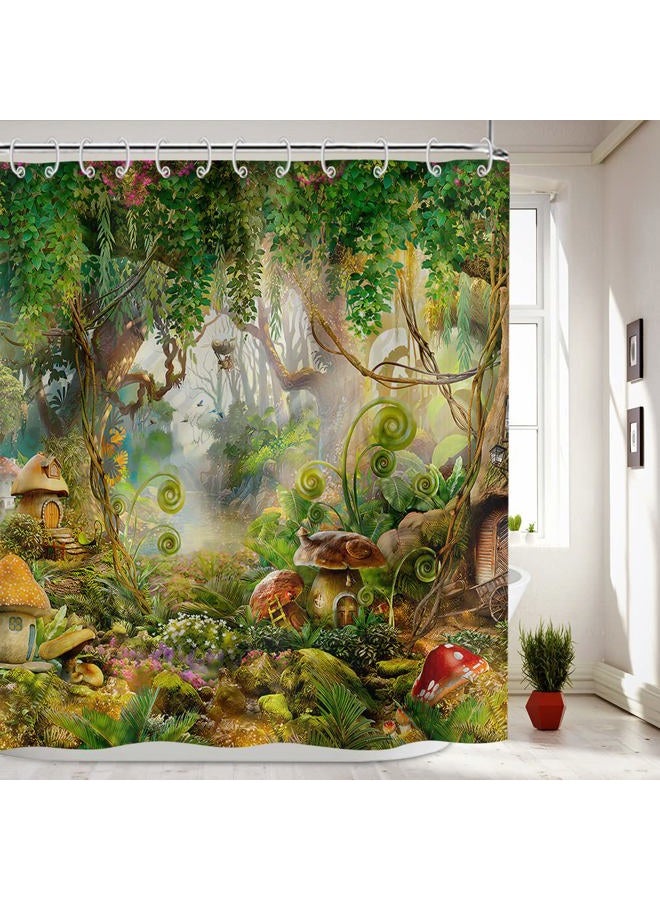 Yeele Spring Enchanted Forest Shower Curtain Fantasy Fairy Shower Curtains Cartoon Mushroom Curtain for Bathroom Waterproof Natural Plant Mystical Floral Bath Curtain with Hooks,72x72in - Image 1