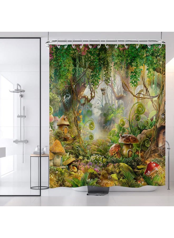 Yeele Spring Enchanted Forest Shower Curtain Fantasy Fairy Shower Curtains Cartoon Mushroom Curtain for Bathroom Waterproof Natural Plant Mystical Floral Bath Curtain with Hooks,72x72in - Image 2