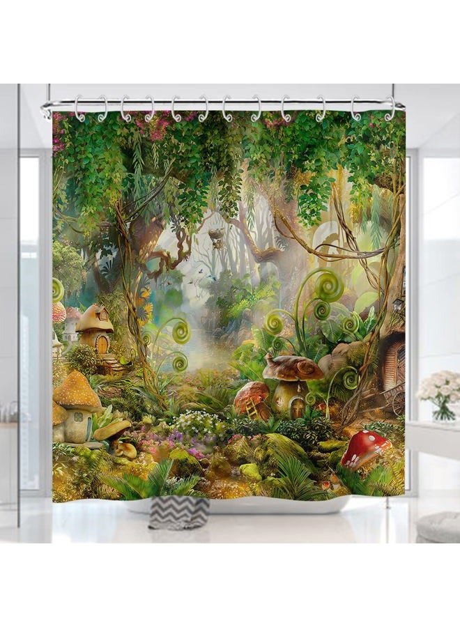 Yeele Spring Enchanted Forest Shower Curtain Fantasy Fairy Shower Curtains Cartoon Mushroom Curtain for Bathroom Waterproof Natural Plant Mystical Floral Bath Curtain with Hooks,72x72in - Image 3