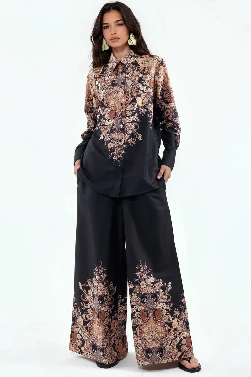 Jennyfer Floral Cotton-viscose Blouse And Wide-leg Trousers Set