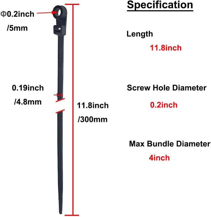 HS رباطات كابلات ثقيلة مع ثقوب براغي (100 حزمة) 11.8 بوصة رأس تركيب روابط كهربائية 50 رطل، أسود مقاوم للأشعة فوق البنفسجية - Image 3