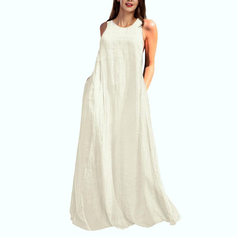Rainday Women's Linen Dress Sleeveness Loose Dresses Casual Maxi Dress with Pockets(Z3019WH,L) - Image 1