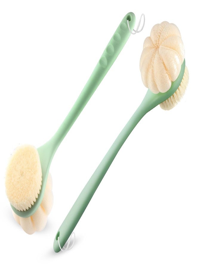 DMuuuDM 2 Pack 16" Curved Long Handle Back Scrubber for Shower - Double-Sided Bath Brush with Soft Bristles and Loofah,Bath Scrubber Brush,Wet & Dry Body Back Cleaning Helper for Women and Men (Green) - Image 1