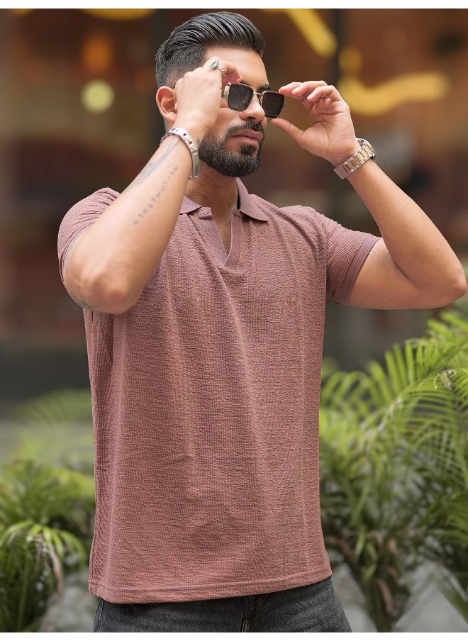 Maniac - Maniac Men Solid V-Neck Half Sleeve Brown Slim Fit T-Shirt - Image 1