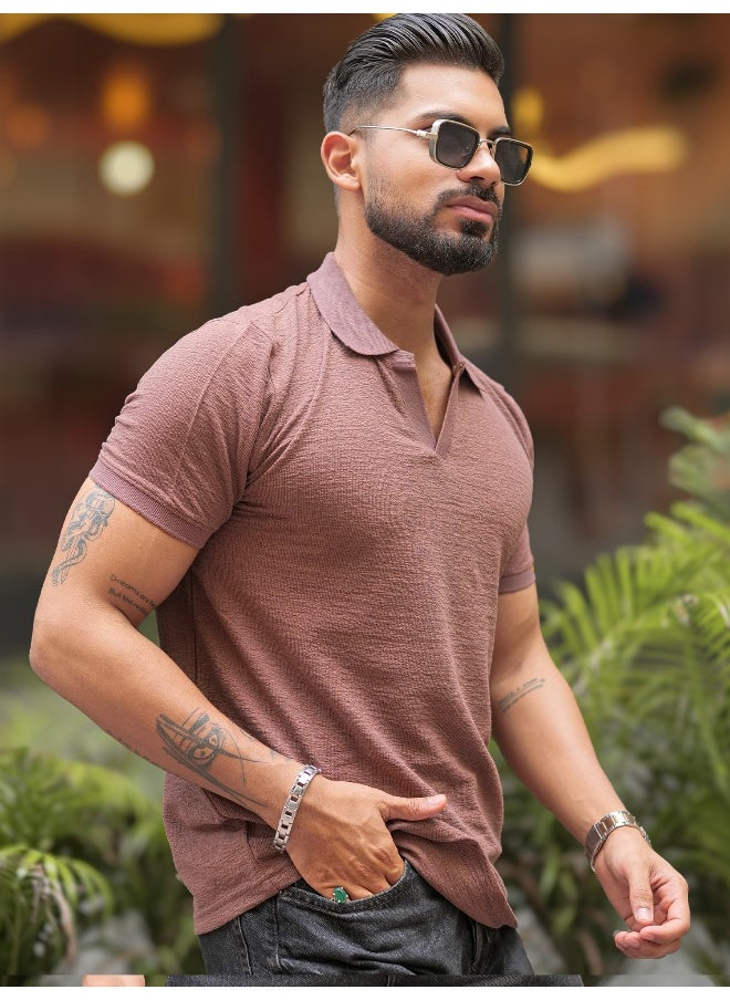 Maniac - Maniac Men Solid V-Neck Half Sleeve Brown Slim Fit T-Shirt - Image 1