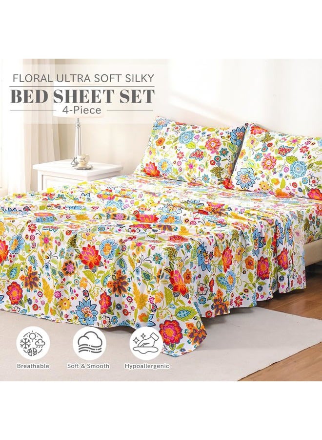 Bedlifes Queen Sheet Set Ultra Soft Breathable Silky Flower Bed Sheets Deep Pocket 100% Microfiber Bedding Sheets 4 Piece Queen Size Floral Spring - Image 2