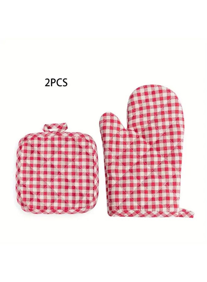 Red Plaid Kitchen Glove And Mat Set Padded Palm Durable Polyester Easy To Clean - Image 2