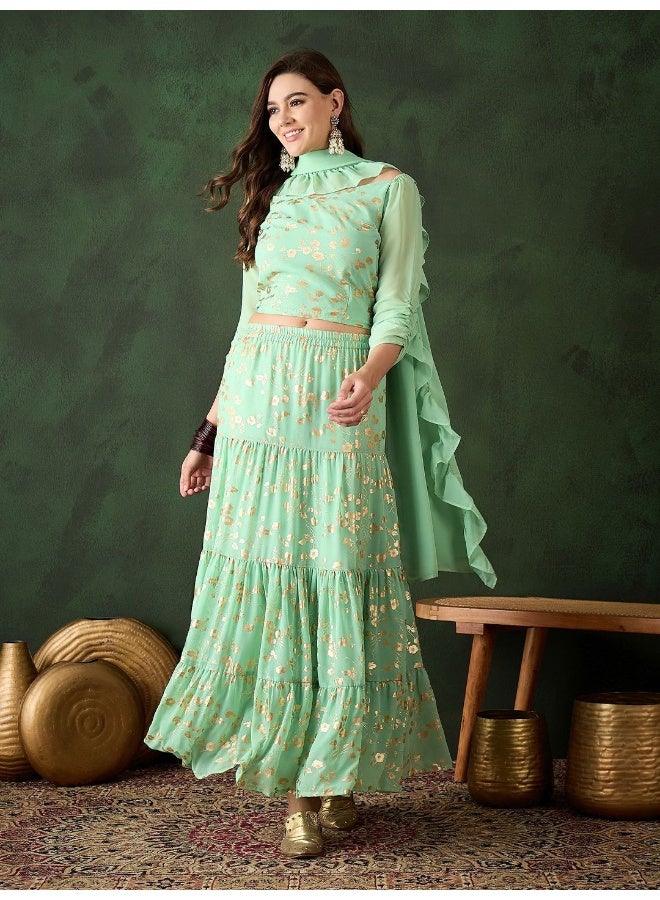 أيه كيه إس منقوشة باللون الأخضر النعناعي مع تطريز ذهبي من طبقات لنجا تشولي - Image 2