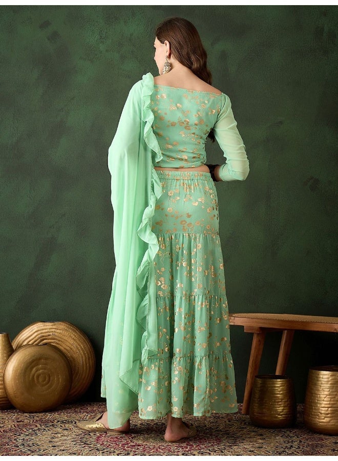 أيه كيه إس منقوشة باللون الأخضر النعناعي مع تطريز ذهبي من طبقات لنجا تشولي - Image 4