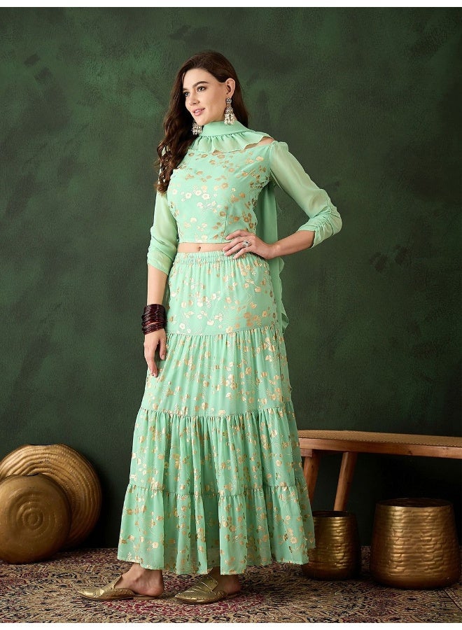 أيه كيه إس منقوشة باللون الأخضر النعناعي مع تطريز ذهبي من طبقات لنجا تشولي - Image 5