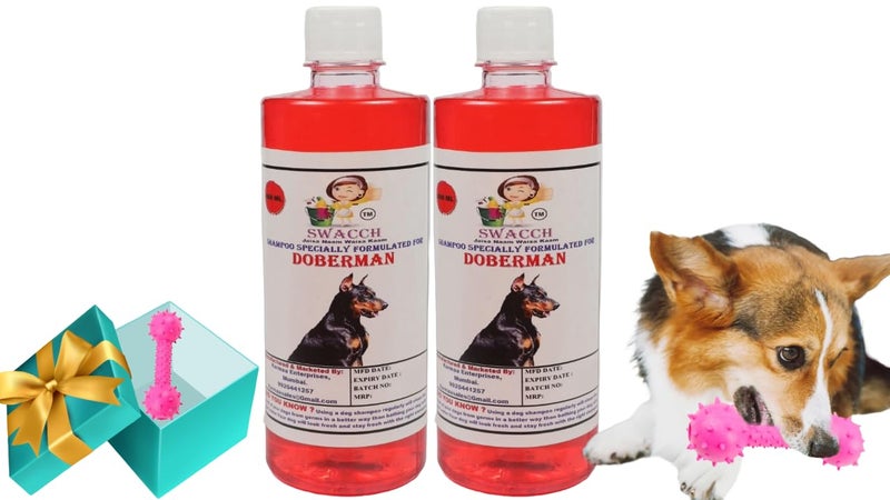 swacch Doberman Dog Shampoo + Dumbbell Toy I Durable Rubber Dog Toy for Chewing I Playing,Teeth Cleaning & Training Toy I Combo Pack I 500ml Pack of 2 Jasmine - Image 1