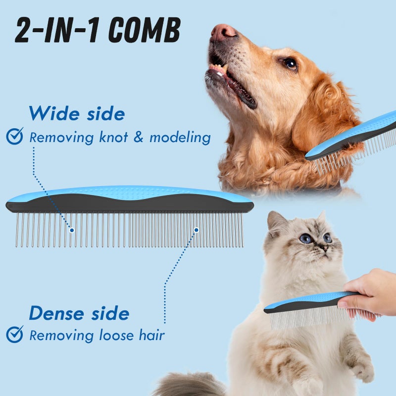 Docrok Pet Grooming Combo - Blue Deshedding Brush with Metal Comb for Detangling and Dematting Long, Matted Fur on Cats and Dogs - Image 3