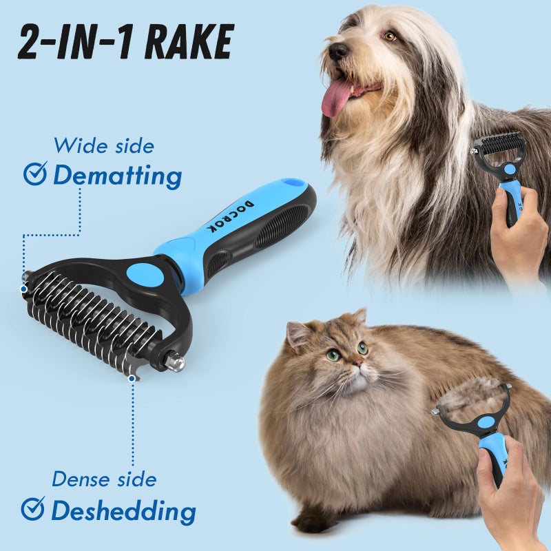 Docrok Pet Grooming Combo - Blue Deshedding Brush with Metal Comb for Detangling and Dematting Long, Matted Fur on Cats and Dogs - Image 2