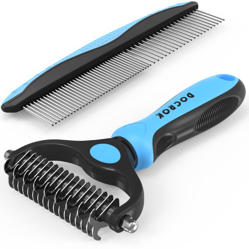 Docrok Pet Grooming Combo - Blue Deshedding Brush with Metal Comb for Detangling and Dematting Long, Matted Fur on Cats and Dogs - Image 1
