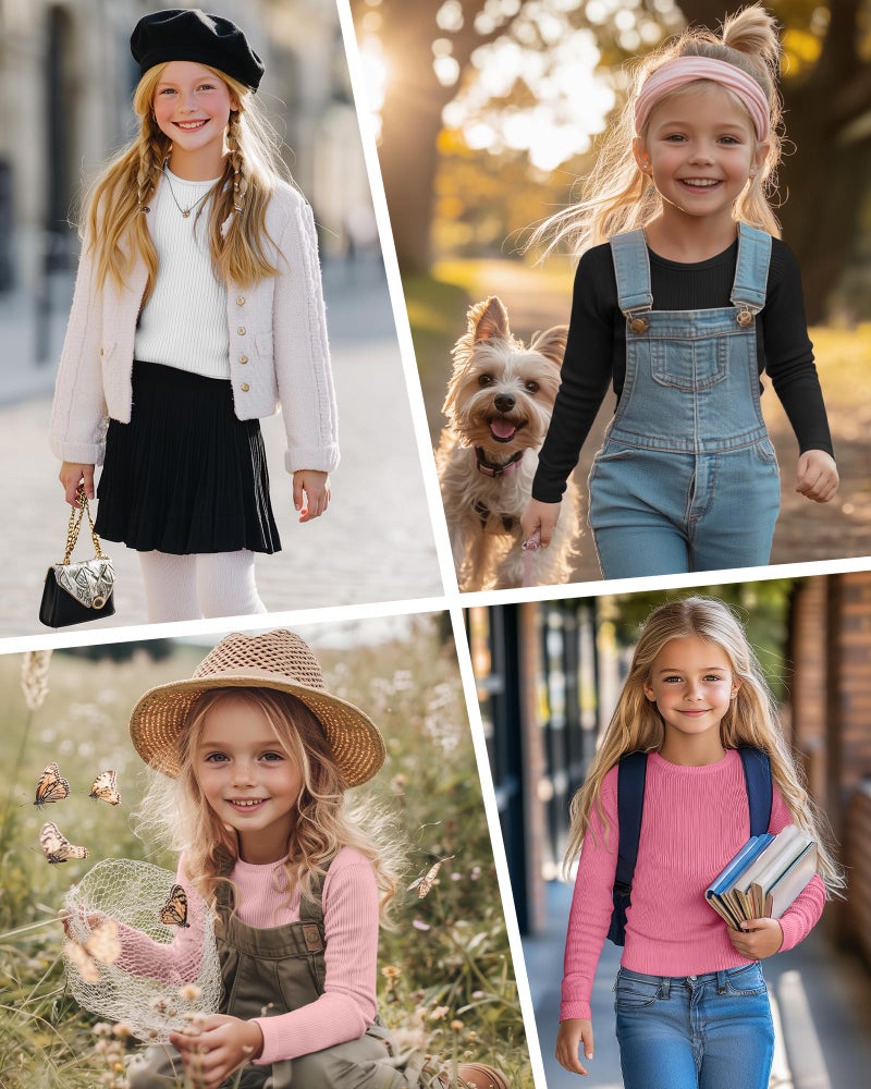 LessonZoo 4 Pack Girls Long Sleeve Shirts Ribbed Knit Cotton Crewneck Tops Slim Fit Soft Casual Kids Base Layer Undershirts(Black, White, Peach Pink, Light Pink,5-6 Years) - Image 2