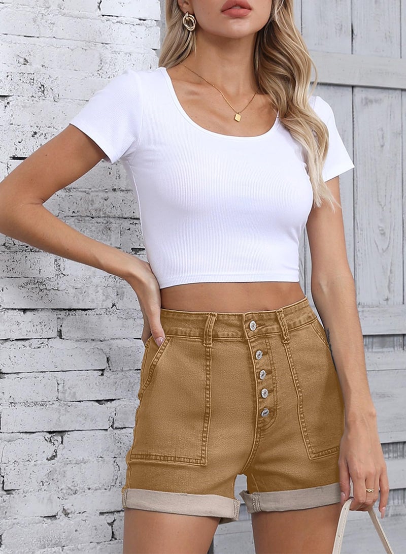 Sidefeel Womens Jean Shorts Casual High Waisted Stretchy Buttoned Folded Hem Jean Shorts Brown Size 12 - Image 5