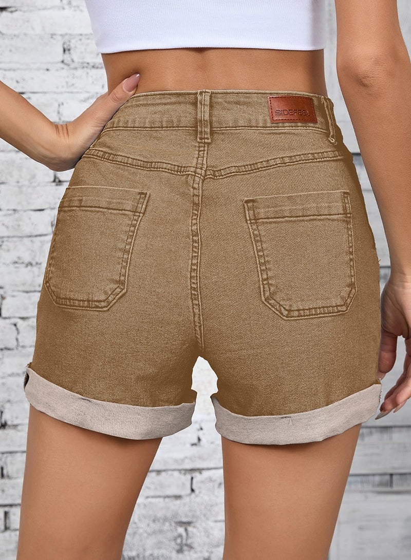 Sidefeel Womens Jean Shorts Casual High Waisted Stretchy Buttoned Folded Hem Jean Shorts Brown Size 12 - Image 4