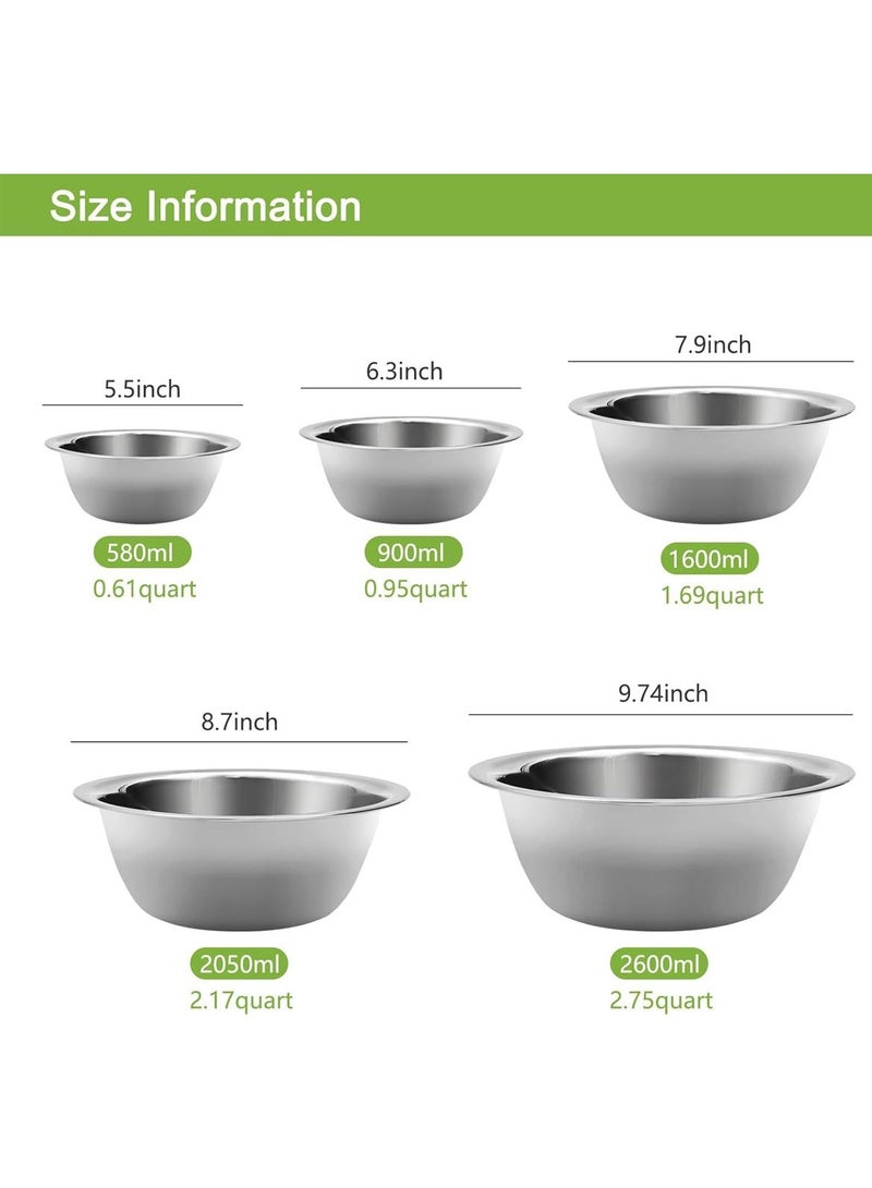 مارلا مول مجموعة من 5 أوعية خلط من الفولاذ المقاوم للصدأ للمطبخ، أوعية متداخلة آمنة للغسل في غسالة الأطباق، وعاء مطبخ معدني للطهي والخبز وإعداد الوجبات - Image 2
