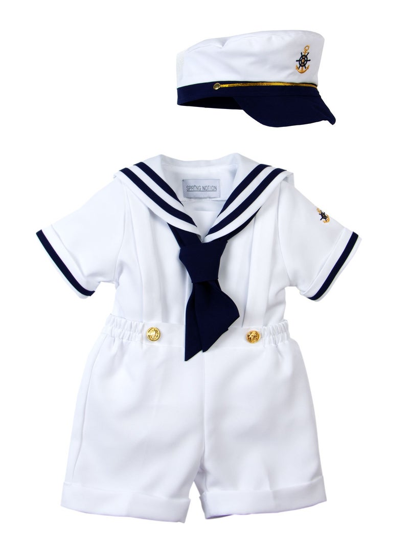 Spring Notion Baby Boys Sailor Set with Hat Style-A Small / 3-6M, White - Image 1