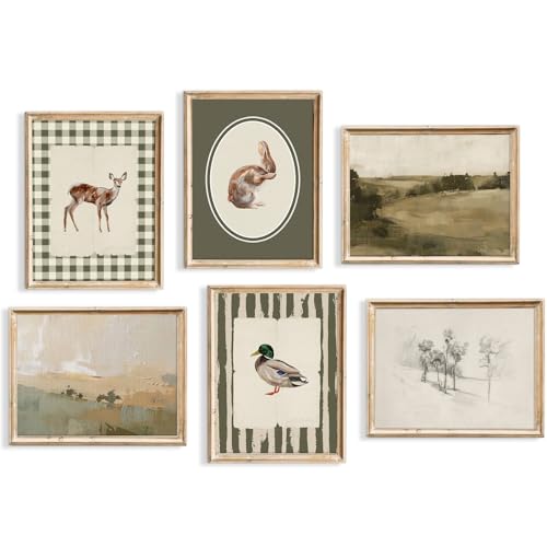 Pennclys Vintage Nursery Wall Art Baby Boy Room Canvas Wall Decor Hunting Animal Prints Kids Poster Deer Duck Pictures Nursery Neutral Artwork Rabbit Painting for Children Bedroom 8x10 Inch Unframed Set of 6 - Image 1