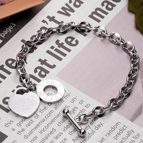 JUPPE Christian Inspirational Stainless Steel Chain Bracelet, 14K Silver Heart Charm with Psalm 46:5, Toggle Clasp, 7.5 Inches, Religious Faith Jewelry for Women (Psalm 46:5) - Image 5