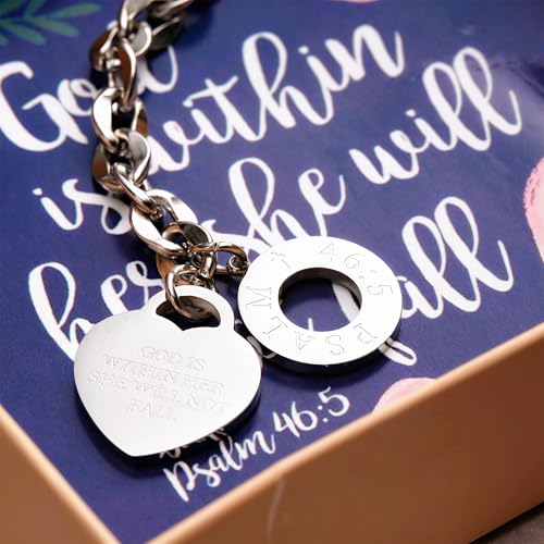 JUPPE Christian Inspirational Stainless Steel Chain Bracelet, 14K Silver Heart Charm with Psalm 46:5, Toggle Clasp, 7.5 Inches, Religious Faith Jewelry for Women (Psalm 46:5) - Image 4