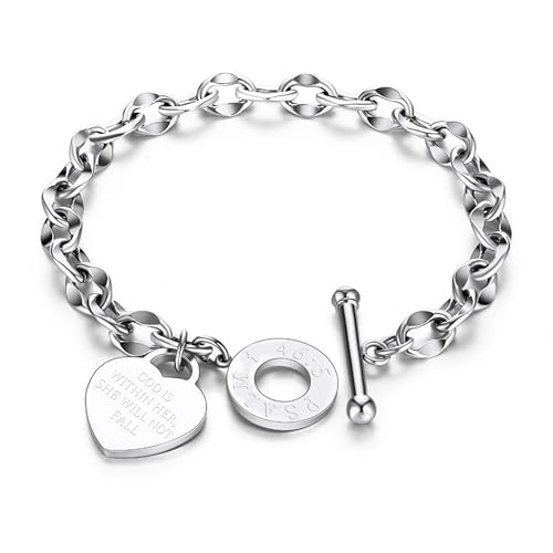 JUPPE Christian Inspirational Stainless Steel Chain Bracelet, 14K Silver Heart Charm with Psalm 46:5, Toggle Clasp, 7.5 Inches, Religious Faith Jewelry for Women (Psalm 46:5) - Image 1