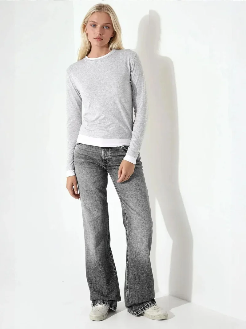 HICCUP Textured Crew Neck Long Sleeve Slim Fit Top