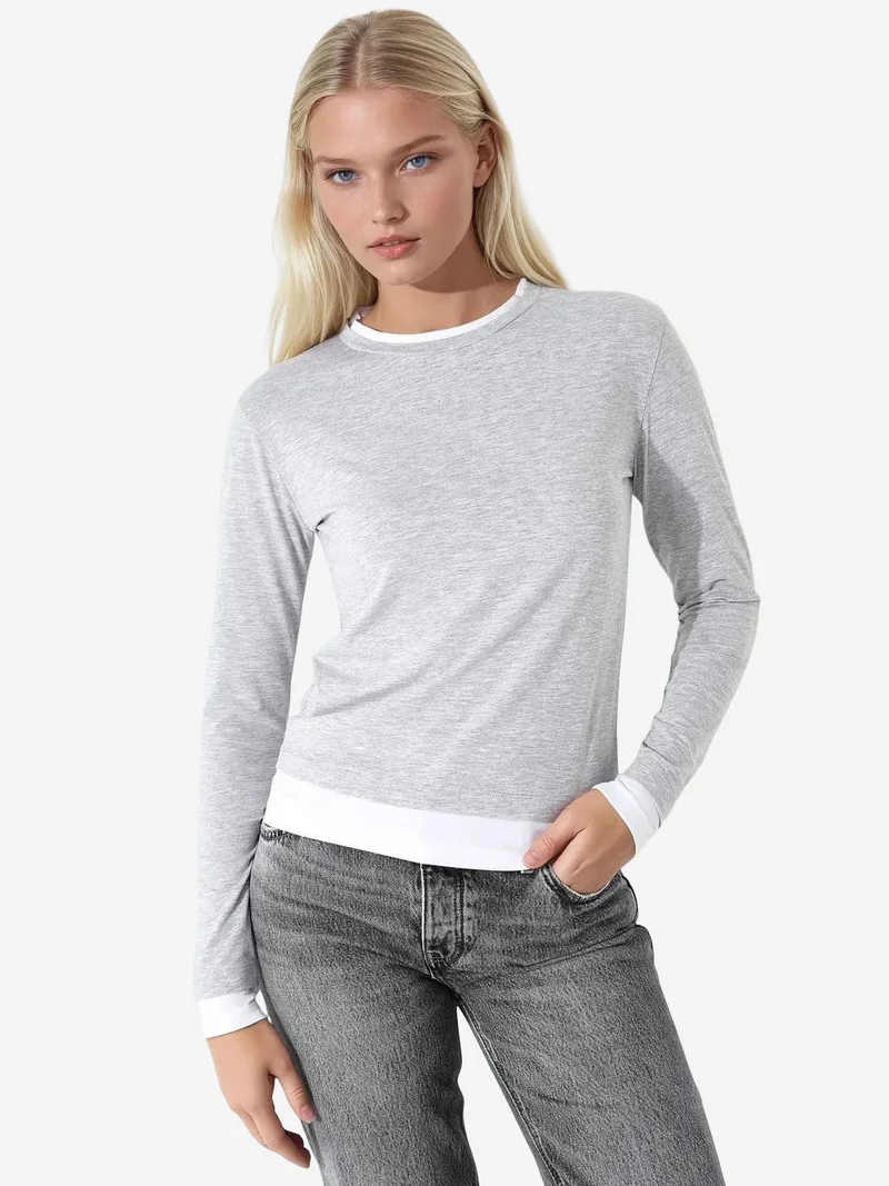 Hiccup Textured Crew Neck Long Sleeve Slim Fit Top