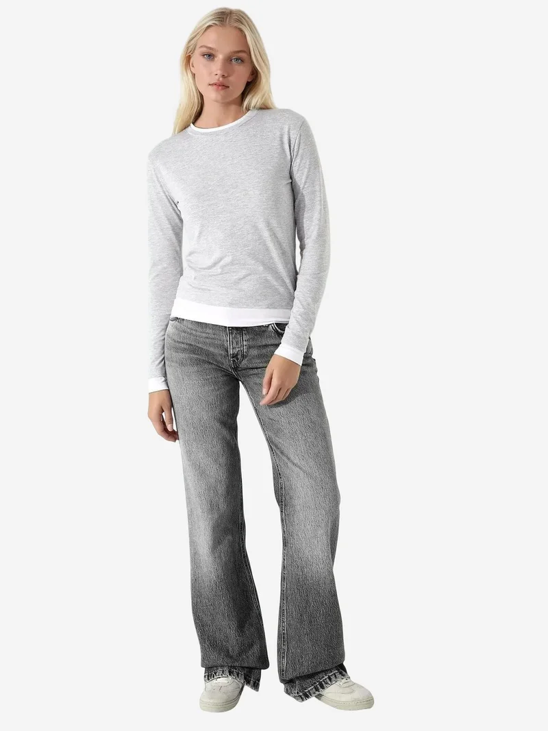 Hiccup Textured Crew Neck Long Sleeve Slim Fit Top