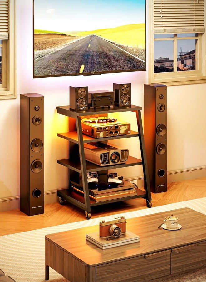 CHOEZON 4-Tier AV Media Stand with Wheels, Stereo Stands, Media Console Shelf with Power Strips, LED Lights, Wooden Audio Cabinet Rack Tower for Record Player/Apple TV/ps4, Black TCJ60UDBB - Image 3