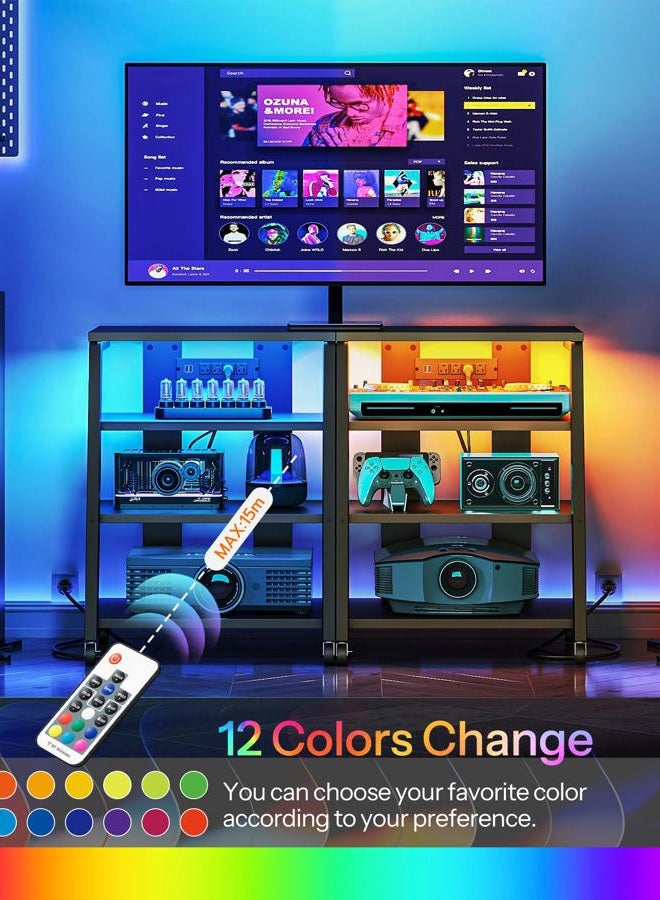 CHOEZON 4-Tier AV Media Stand with Wheels, Stereo Stands, Media Console Shelf with Power Strips, LED Lights, Wooden Audio Cabinet Rack Tower for Record Player/Apple TV/ps4, Black TCJ60UDBB - Image 5