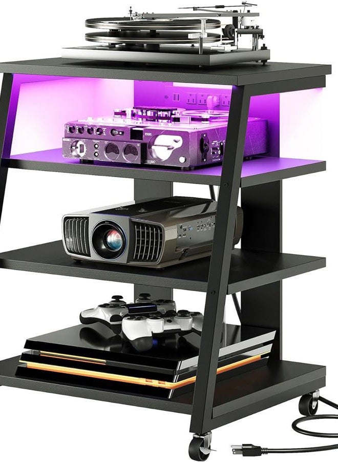 CHOEZON 4-Tier AV Media Stand with Wheels, Stereo Stands, Media Console Shelf with Power Strips, LED Lights, Wooden Audio Cabinet Rack Tower for Record Player/Apple TV/ps4, Black TCJ60UDBB - Image 1