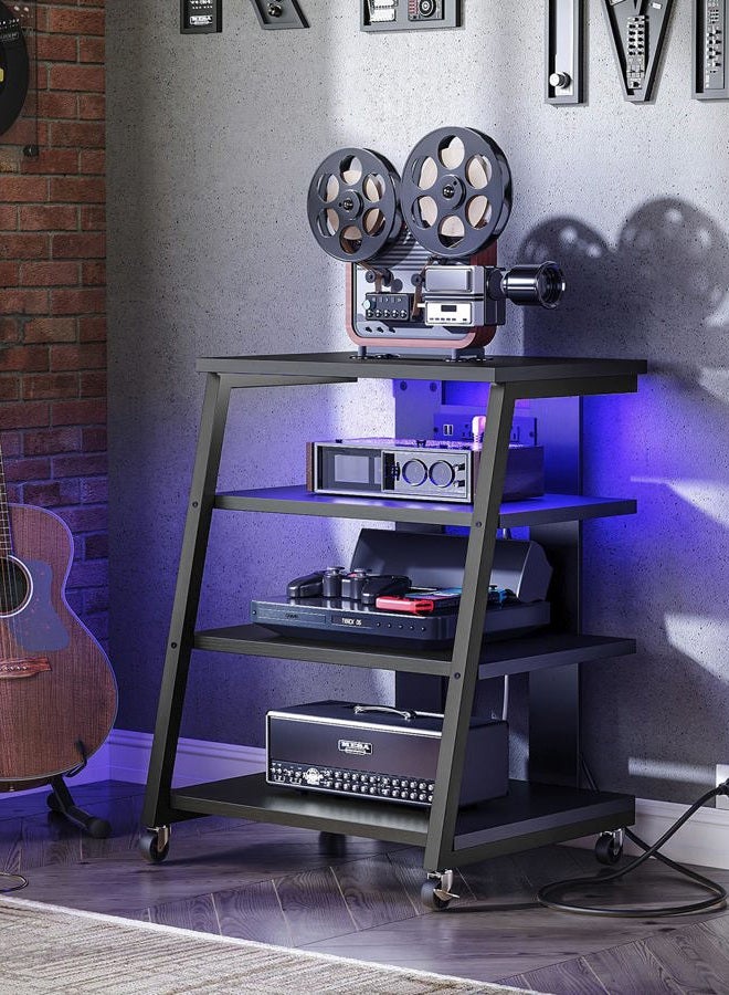 CHOEZON 4-Tier AV Media Stand with Wheels, Stereo Stands, Media Console Shelf with Power Strips, LED Lights, Wooden Audio Cabinet Rack Tower for Record Player/Apple TV/ps4, Black TCJ60UDBB - Image 2