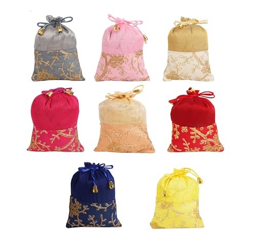 Touchstone Indian Handcrafted Emboridery Floral Blue Grey Yellow Pink Red Fuchsia Peach Golden Colors Wedding Bridal Party Drawstring Potli Pouches Bags For Gift Jewelry Set Of 8 For Women - Image 1