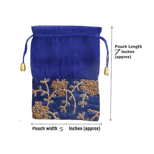 Touchstone Indian Handcrafted Emboridery Floral Blue Grey Yellow Pink Red Fuchsia Peach Golden Colors Wedding Bridal Party Drawstring Potli Pouches Bags For Gift Jewelry Set Of 8 For Women - Image 3