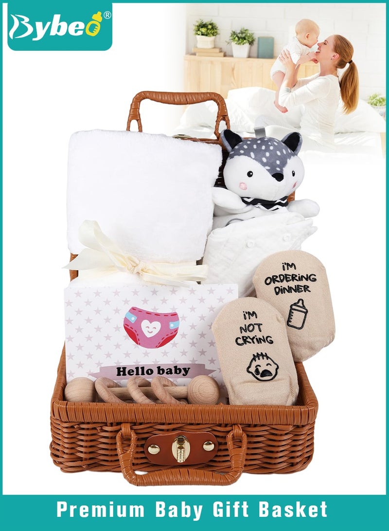 Bybeo 7 PCS Baby Gift Set, Newborn Baby Shower Gift for Boys Girls, Baby Gift Basket with Essential Stuff, Includes Blanket, Wooden Rattle Toy, Baby Bib and Socks, Greeting Card, Newborn Baby Gift Set  - Image 1