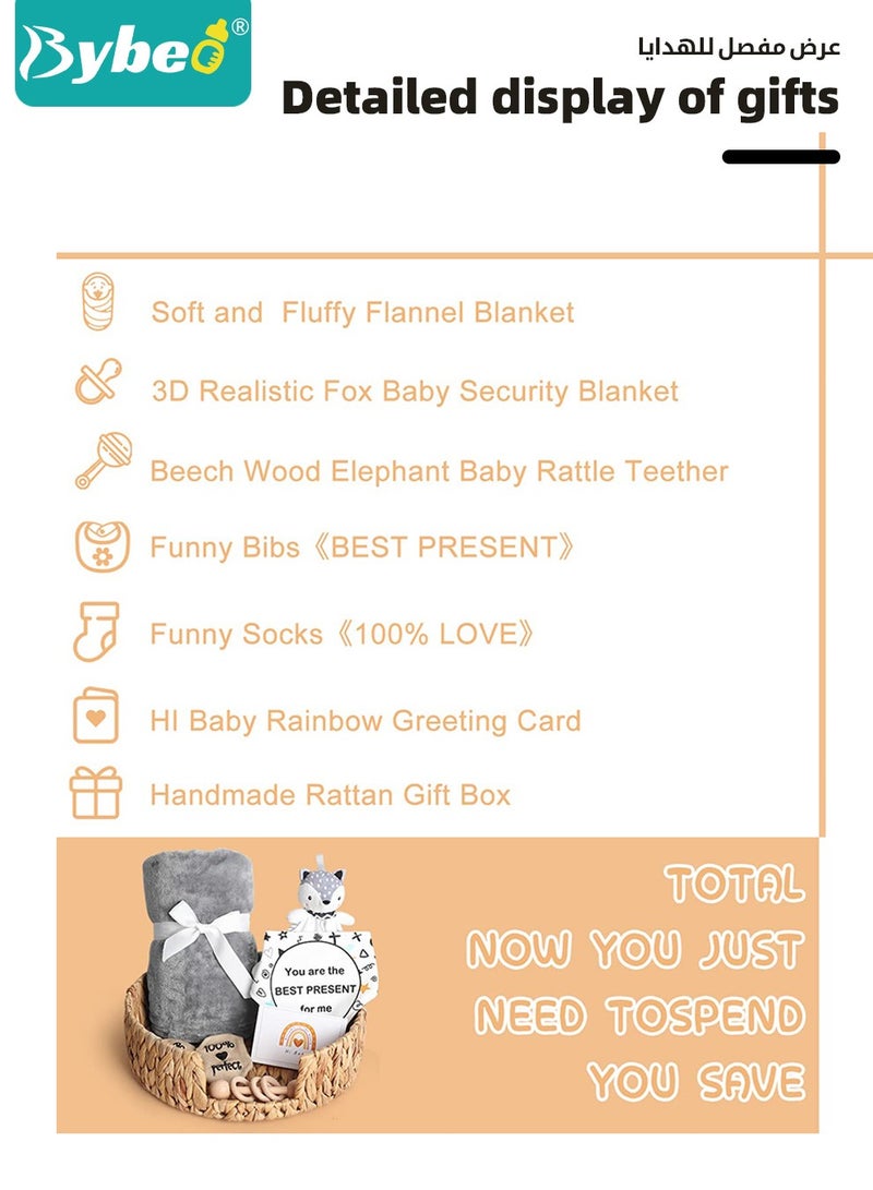 Bybeo 7 PCS Baby Gift Set, Newborn Baby Shower Gift for Boys Girls, Baby Gift Basket with Essential Stuff, Includes Blanket, Wooden Rattle Toy, Baby Bib and Socks, Greeting Card, Newborn Baby Gift Set  - Image 3