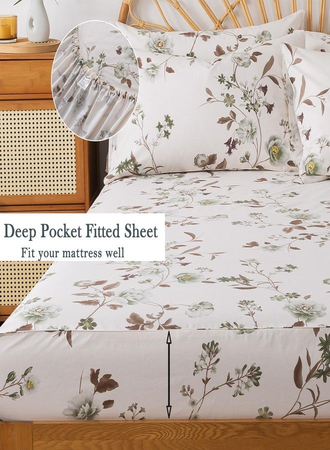 FADFAY Queen Sheets Set Percale Cotton Floral Bed Sheets Deep Pocket Fitted Sheet, Luxury Vintage Green Rose Floral Printed Shabby Bedding for All Season, Super Soft Crisp & Cool,4pcs - Image 3
