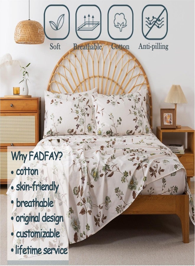 FADFAY Queen Sheets Set Percale Cotton Floral Bed Sheets Deep Pocket Fitted Sheet, Luxury Vintage Green Rose Floral Printed Shabby Bedding for All Season, Super Soft Crisp & Cool,4pcs - Image 2