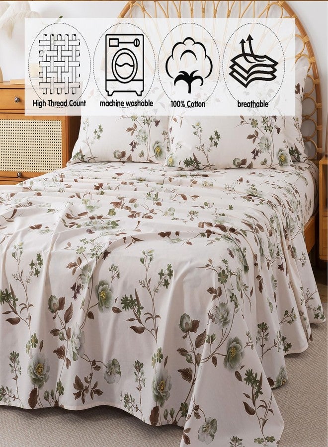 FADFAY Queen Sheets Set Percale Cotton Floral Bed Sheets Deep Pocket Fitted Sheet, Luxury Vintage Green Rose Floral Printed Shabby Bedding for All Season, Super Soft Crisp & Cool,4pcs - Image 4