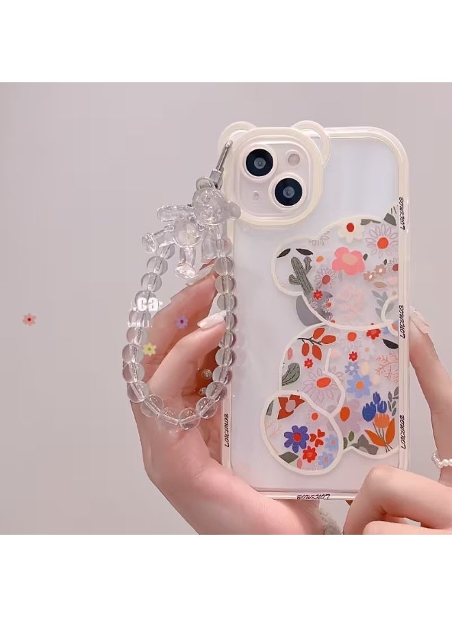 تيمو حافظة هاتف بيضاء بتصميم دب ثلاثي الأبعاد على شكل أزهار بأذنين علي الكاميرا ، وبتصميم ناعم مضاد للصدمات والخدوش متوافق مع ايفون 15