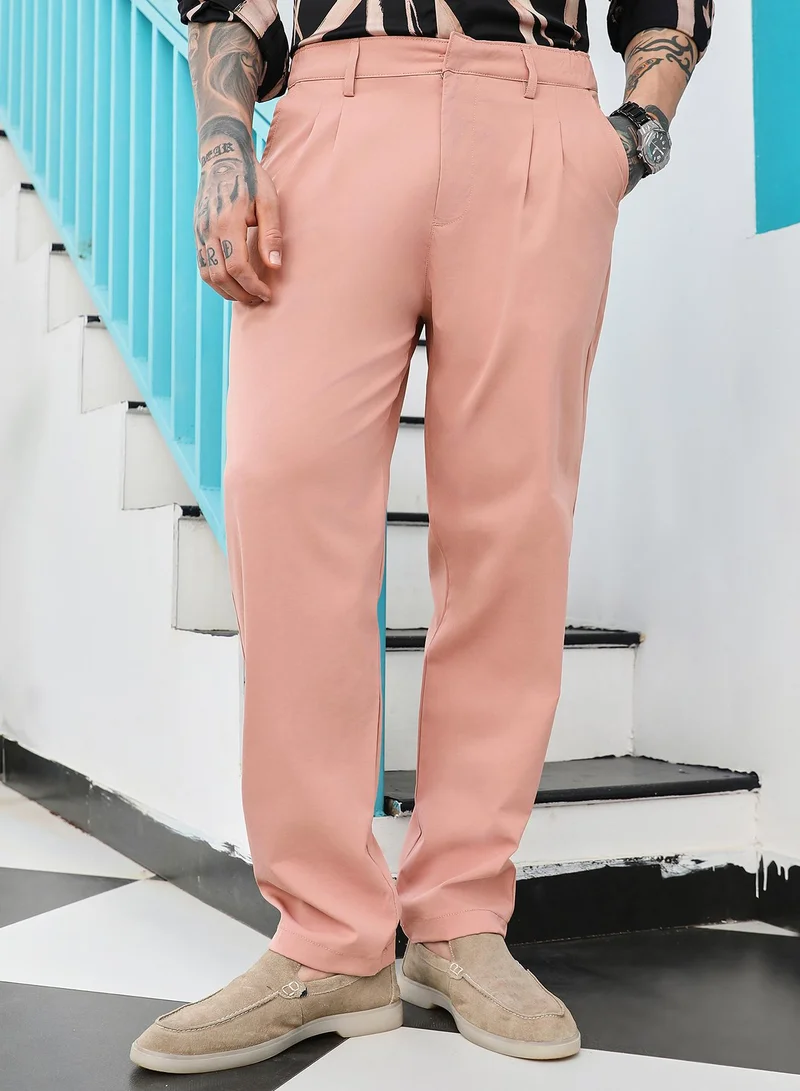 Campus Sutra Campus Sutra Men's Mauve Pink Double-Pleated Tailored Trousers | Mid-Rise , Straight Hem , Conceal Button Closure , Relaxed-Fit | Solid Plain | Polyester Blend Trouser For Casual Wear