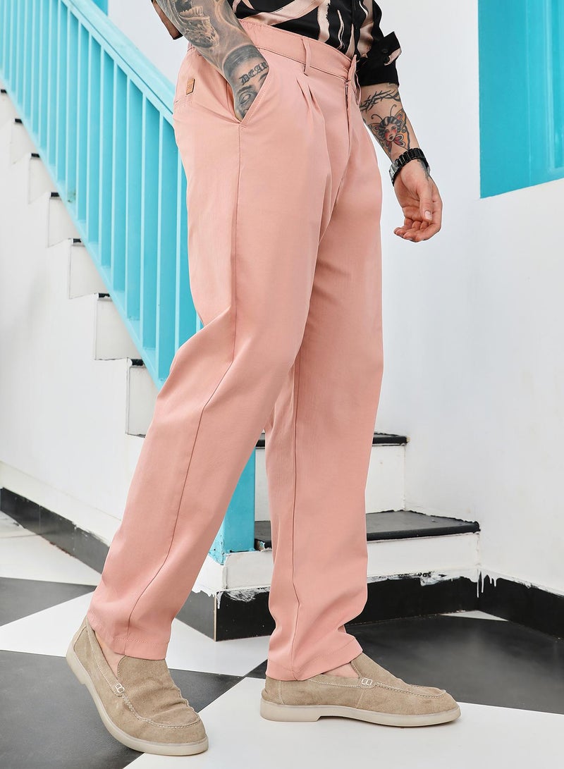 Campus Sutra Campus Sutra Men's Mauve Pink Double-Pleated Tailored Trousers | Mid-Rise , Straight Hem , Conceal Button Closure , Relaxed-Fit | Solid Plain | Polyester Blend Trouser For Casual Wear - Image 3