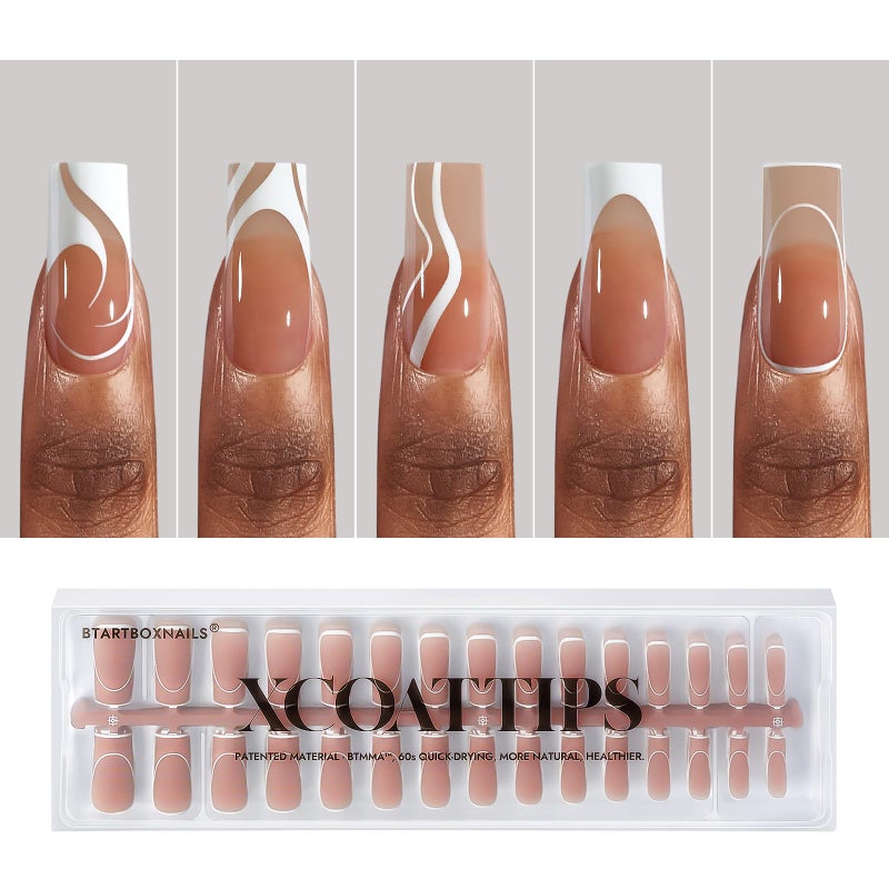 BTArtbox XCOATTIPS Gel Nails  5 Styles PreDesigned Swirl Soft Nail Tips Square Ultra Fit French Tip Fake Nails with Preapplied Tip Primer  Base Coat Cover Easy for Nail Art DIY