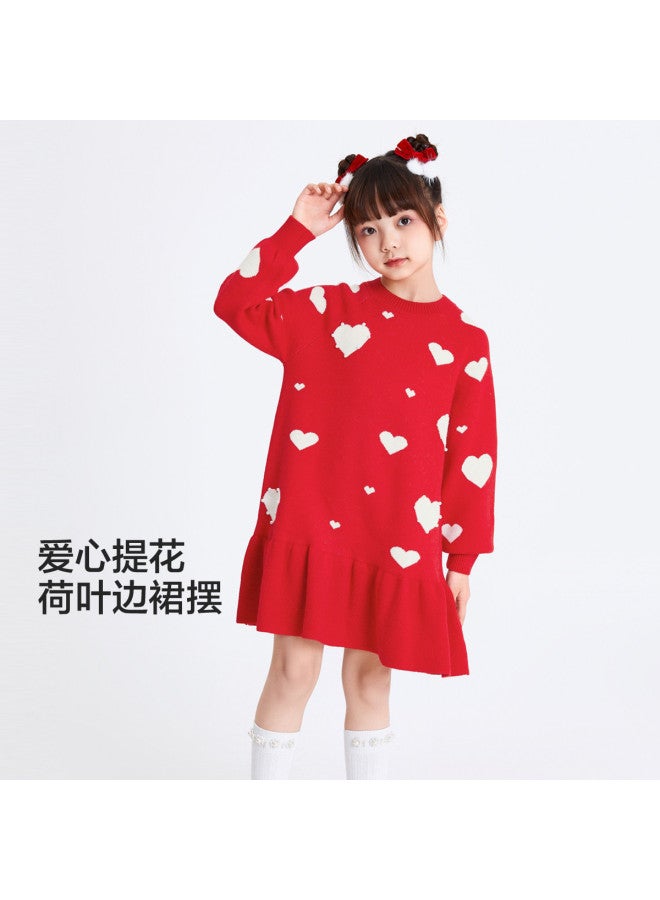 Balabala Lovely Jacquard Dress For Girls, Spring/autumn Mid-length Floral Hemline Warm Contrast Color Traditional Chinese Style - Image 2
