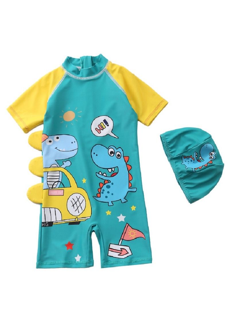 Y&D 2-piece fashionable boy cartoon printed one piece swimsuit short sleeved sun protection children's water sports with hat 100-110cm  - Image 1