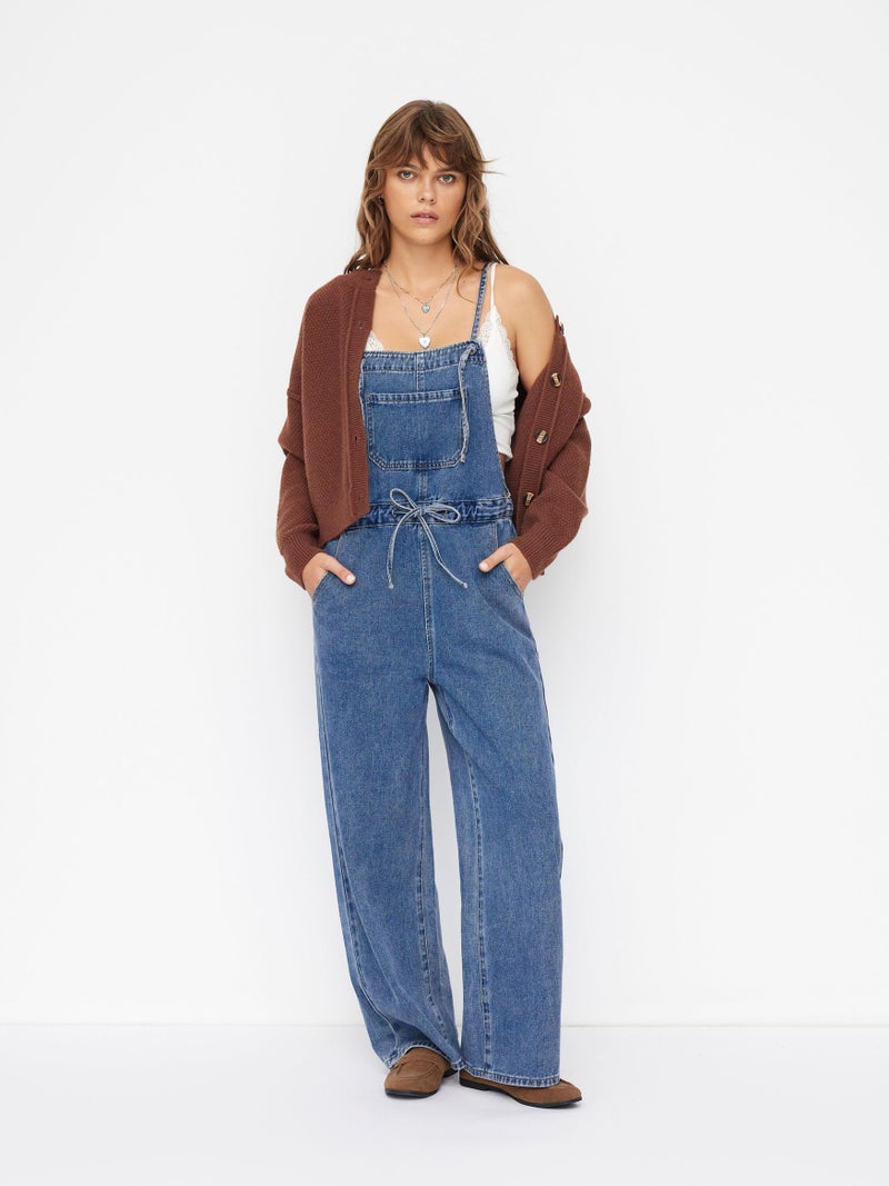 CIDER Denim Overalls for Women Loose Fit Bowknot Drawstring Wide Leg Jean Overalls with Adjustable Straps: Mid Blue, L - Image 2