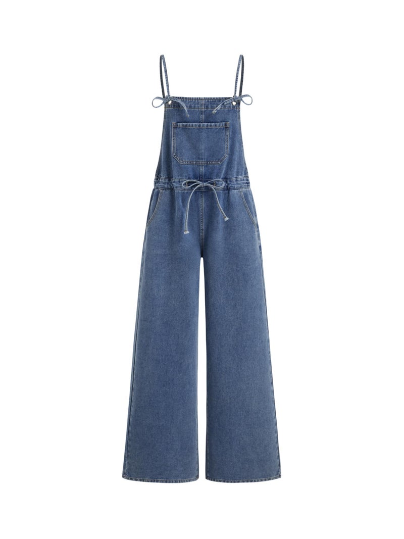 CIDER Denim Overalls for Women Loose Fit Bowknot Drawstring Wide Leg Jean Overalls with Adjustable Straps: Mid Blue, L - Image 1