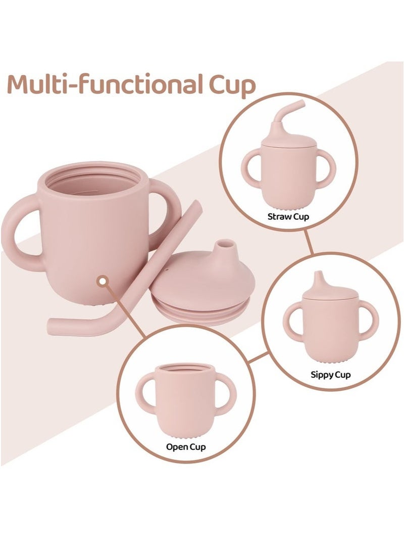 3-in-1 Silicone Baby Sippy Cup - Training Cup with Straw & Spout Lids, Anti-Spill BPA-Free Drinking Cup for Infants & Toddlers (Pink) - Image 3